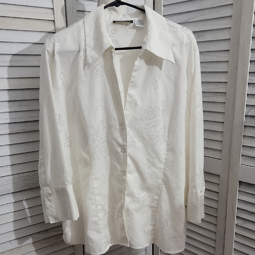 Harve Benard White Linen Blend Floral Jacquard Button Down Blouse 2X